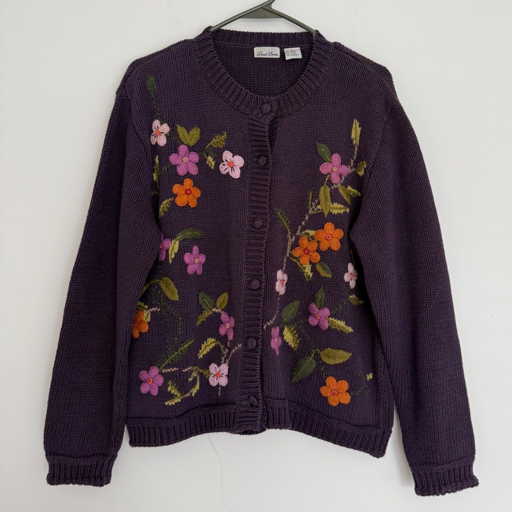 Vintage David Loren Purple Embroidered Floral Cardigan Sweater Large Easter Plum